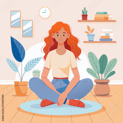 Vector art of woman sitting in lotus position on the floor