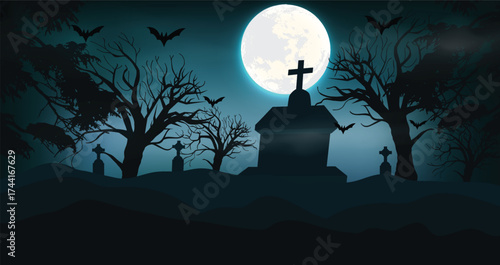 Realistic halloween night  full moon and haunted hill spoke graveyard with bats flying