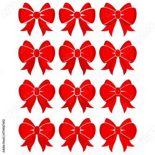 Vector art of twelve red bows, perfect for gift wrapping