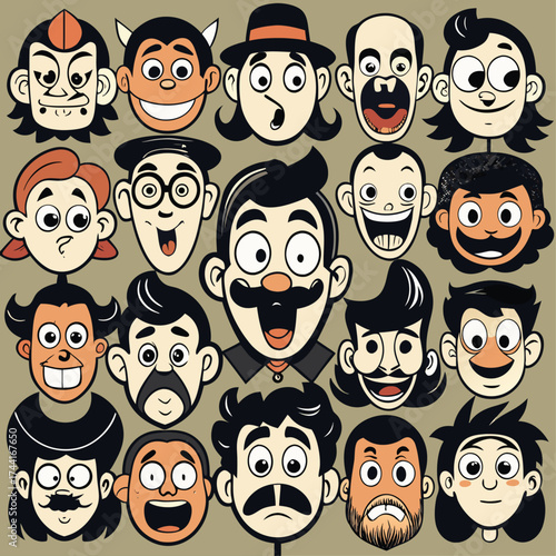 Vector art of collection of cartoon faces with various expressions on beige background