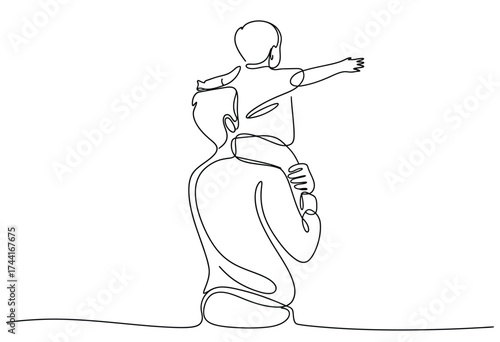 A father carries his child on his shoulders the child points towards a distant horizon in a simple line drawing