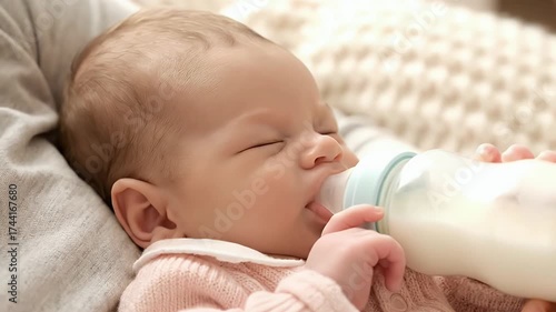 Newborn Baby Feeding Peacefully With Milk Bottle