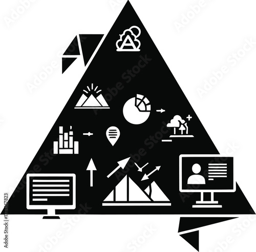 Climate adaptation plan with icons representing data analysis growth and environmental challenges