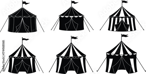 Circus tent vector set, black and white clipart, vintage carnival icons, festival silhouette graphics, retro fairground design elements