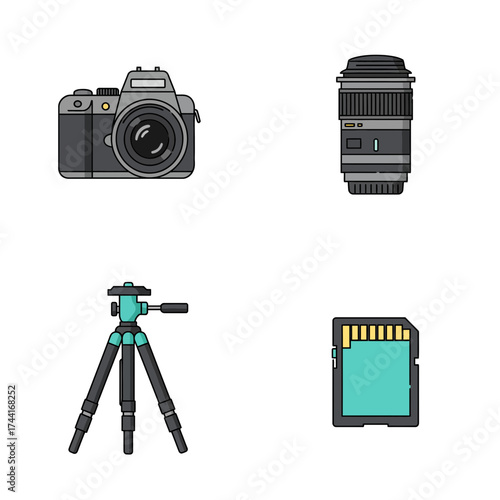 Professional Camera and Lens Photography Equipment Flat Vector Design