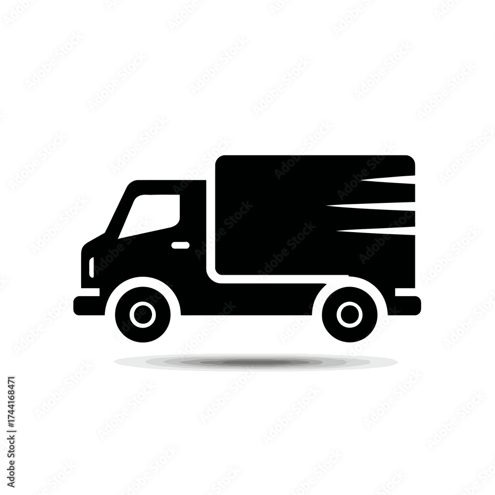 Fototapeta premium A black delivery truck icon with streamlined lines, shadow, and white background