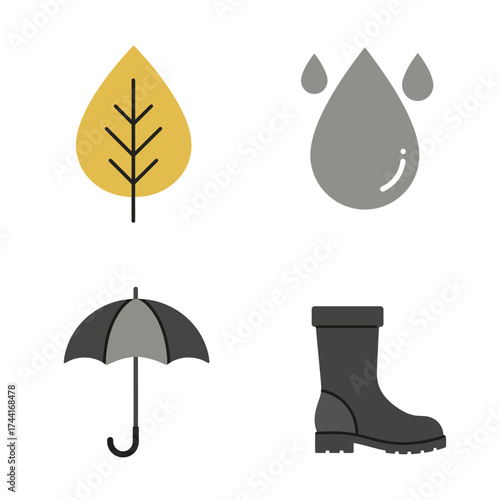 Umbrella and Boots Autumn Rain Weather Flat Vector Illustration