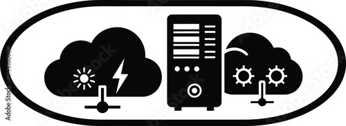 Cloud computing server with lightning bolt and gears representing data processing and network connectivity