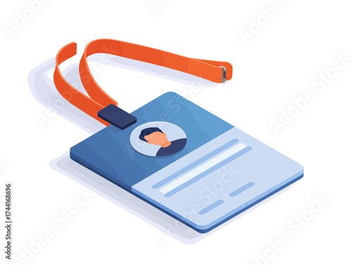 A blue and white identity badge with an orange lanyard, and a portrait of a person