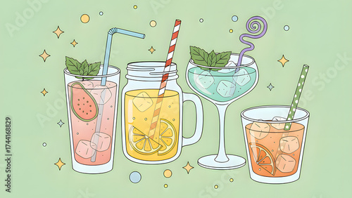 Colorful illustrated summer drinks with ice cubes and fruit slices in cute glassware, pastel minimal aesthetic with mint leaves, straws, and sparkling accents on green background