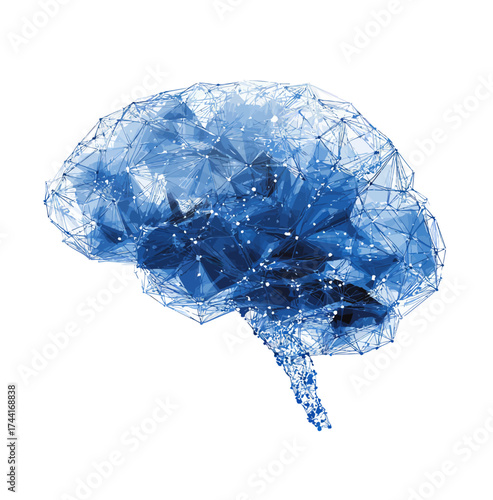 A blue, geometric depiction of a human brain rendered with interconnected points and lines