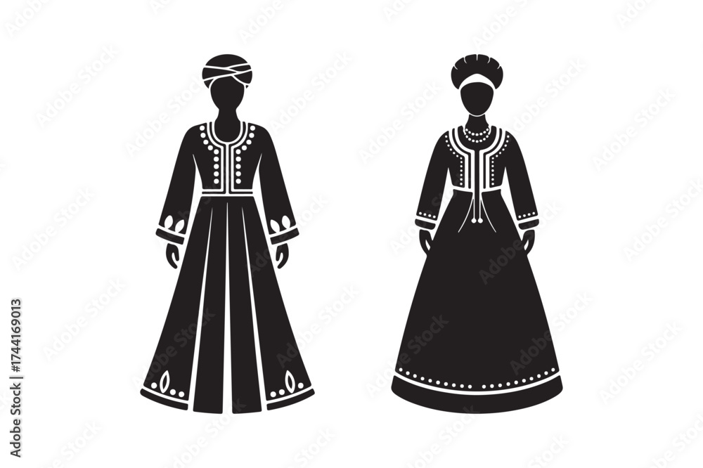 Fototapeta premium Silhouettes of two women in traditional folk costumes