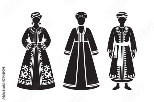 Silhouettes of three figures in traditional middle eastern attire
