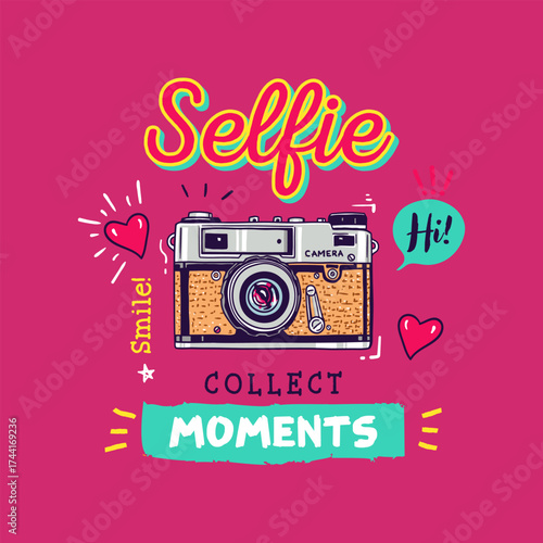 Whimsical Hand drawn Camera Collect Moments and Smile for Fun Illustration