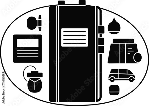 Collection of essential items for travel and daily organization including a notebook water bottle and vehicle