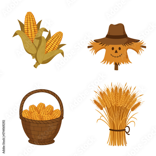 Scarecrow and Wheat Field Icons – Autumn Harvest Farm Season Vector Set
