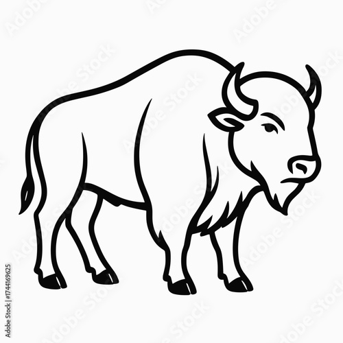 Stylized bison illustration in black outline on white background  