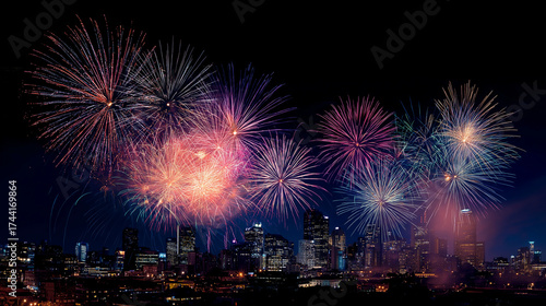 A stunning fireworks display over a city skyline at midnight on New Year's Eve. © Aimages