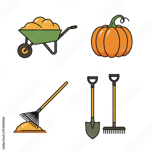 Pumpkin Harvest Wheelbarrow and Shovel Icons – Autumn Farming and Gardening Vector