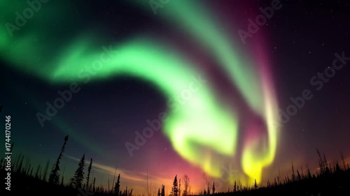 Mesmerizing aurora borealis dancing over a tranquil landscape, radiating natural wonder and celestial energy in vivid green tones.