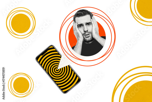Bild auf Leinwand Composite photo collage of scared panic man hold face iphone screen hypnosis add
