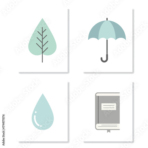 Minimal pastel icons of leaf, umbrella and book representing calm rainy day reading and cozy autumn theme