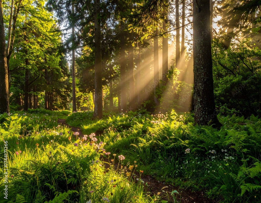 Obraz premium Sunlight filtering through a lush forest with ferns and a dirt path. Sunlit forest path with ferns