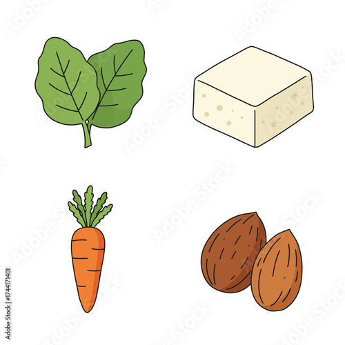 Fresh leafy greens with tofu and almonds – healthy vegan diet clipart for food blog, wellness, and nutrition content