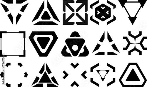 Futuristic geometric symbol vector set with abstract triangle and hexagon tech shapes, perfect for logo design, sci-fi interfaces, digital emblems, and modern technology illustrations.