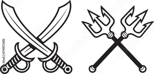 Crossed Swords Sabers with Trident Sharp Weapon Isolated Silhouette