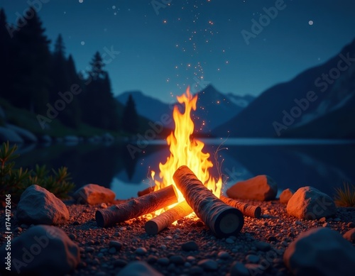Cozy Campfire by Mountain Lake at Night