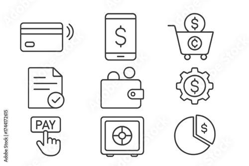 Set of 9 thin line editable icons for payments and money management, including invoices, wallets, safes, mobile payments, and digital transactions.