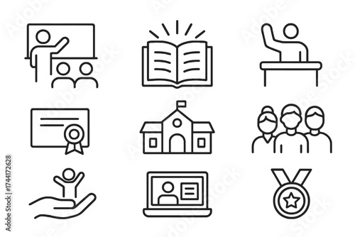 Set of 9 thin line editable icons for education and social inclusion, including schools, teachers, scholarships, children, and online learning.
