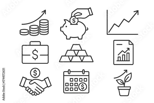 Set of 9 thin line editable icons for financial growth and investment, including charts, piggy banks, briefcases, gold bars, and income calendars.