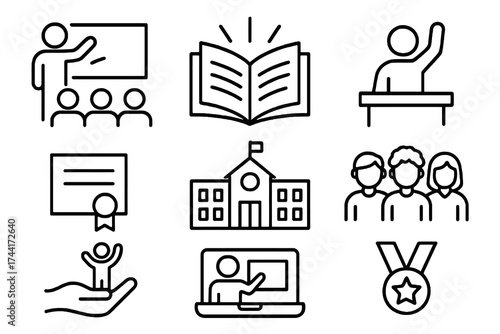 Set of 9 thin line editable icons for education and social inclusion, including schools, teachers, scholarships, children, and online learning.