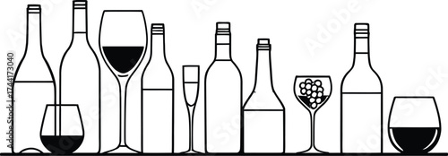 Drinkware Silhouette Collection Vector Featuring Wine Glasses, Bottles, Cocktails, and Garnishes in Line Art Style