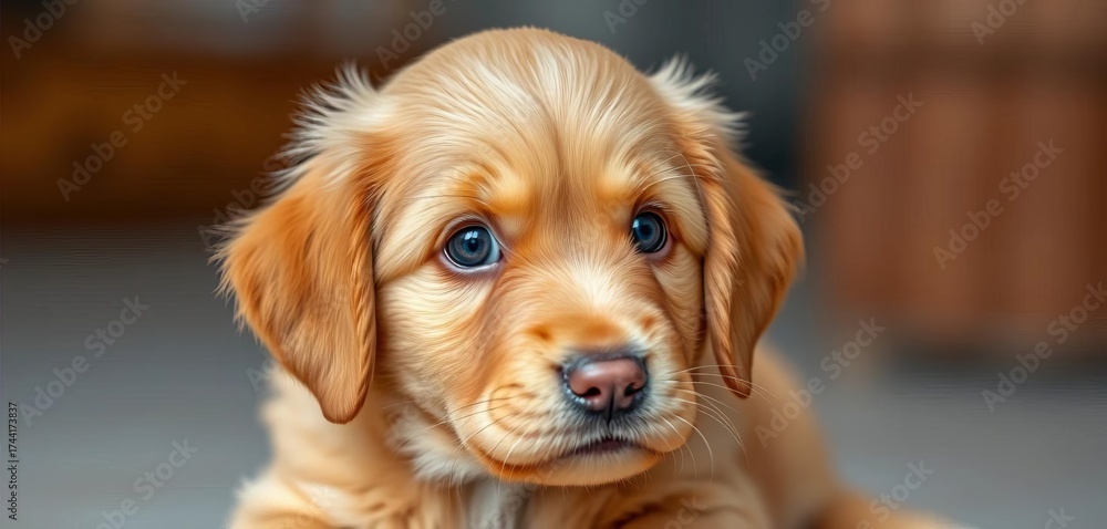 Obraz premium Adorable golden retriever puppy, big eyes, fluffy fur, playful expression, sweet, young
