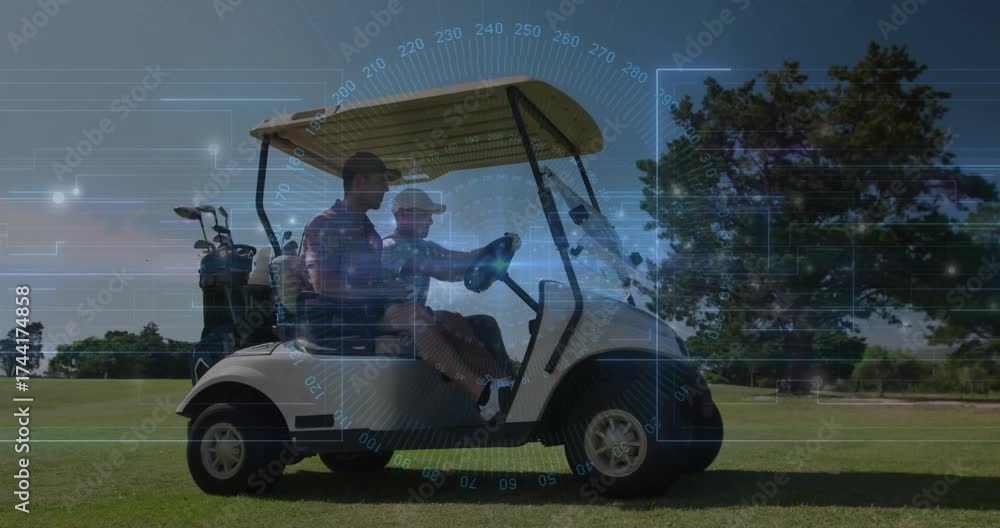 Driver starting golf cart while partner pointing trees for navigation ...