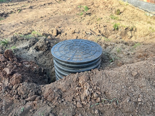 Black drainage well with lid. Sealed well
