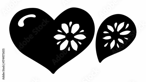 Black heart with floral cutouts and teardrop shape with floral cutout in black and white design style