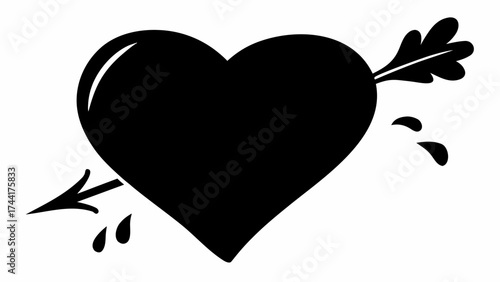 A black heart pierced by an arrow with drops of liquid emanating from the point of impact on white background