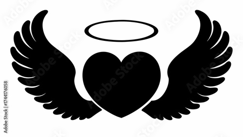 Illustration of a heart with angel wings and a halo above it in a black and white vector graphic design