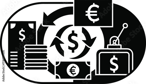 Financial exchange and currency conversion concept with dollar and euro symbols in a circular flow diagram