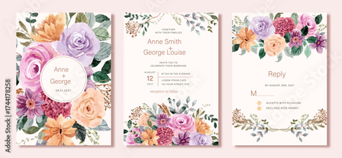 wedding invitation set with beautiful flower watercolor background