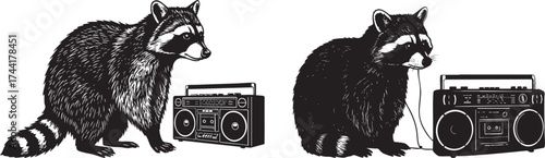 Raccoon Silhouette Listening to Boombox Vector