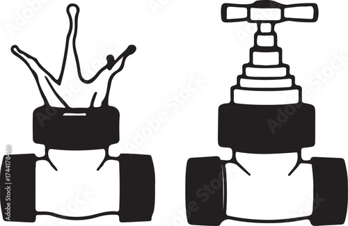 Water Valve Dynamics A stark monochrome illustration showcasing the anatomy and operation of a water valve. It captures the core functionality of controlling water flow.