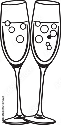 Celebratory Toast Two elegant champagne flutes filled with effervescent bubbles stand side-by-side, signifying the beginning of a special occasion.