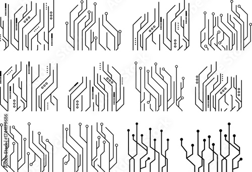 Circuit line vector set with futuristic technology patterns and digital connection backgrounds, perfect for tech design, AI systems, data networks, and electronic innovation illustrations.