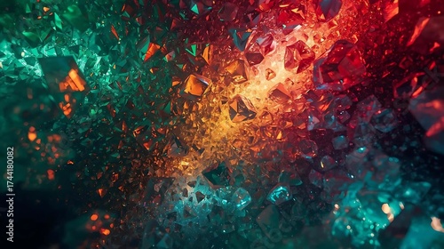 Striking, high-contrast abstract macro background of faceted crystals or mineral shards, glowing intensely with warm red and orange light, surrounded by cool teal and emerald green accents.