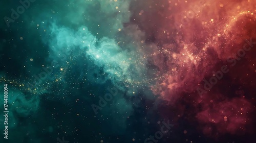 Vibrant abstract background of a cosmic nebula divided by a stream of sparkling gold dust, featuring swirling clouds of deep teal and contrasting warm red and maroon colors.